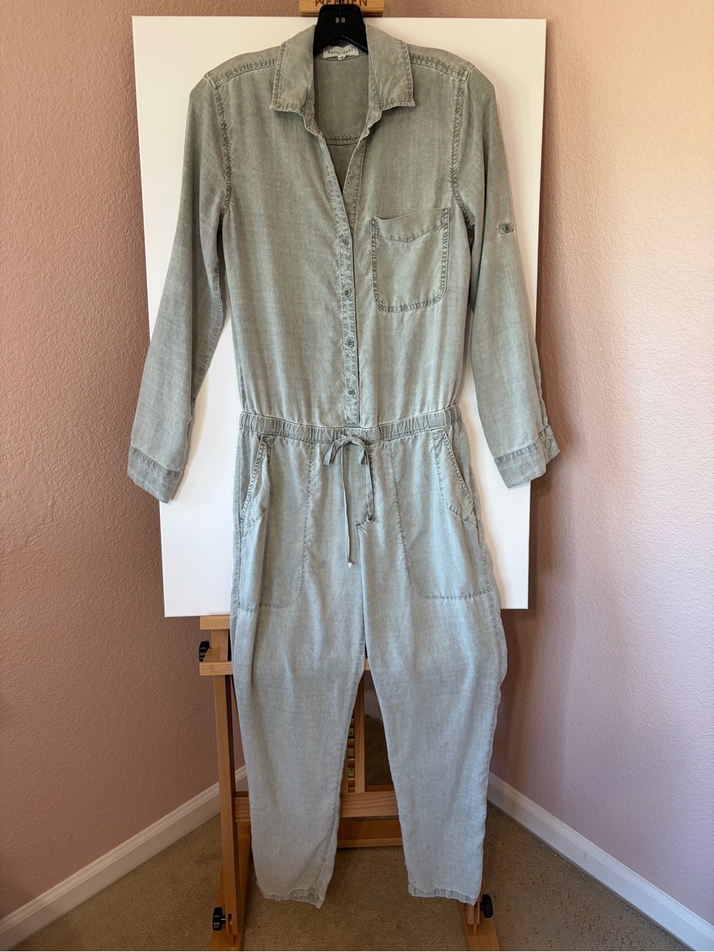 Bella Dahl Sage Green Tencel Utility Jumpsuit Size Small S Roll Tab Long Sleeve